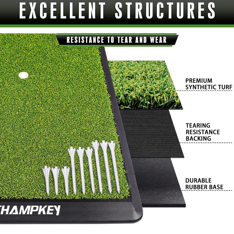 CHAMPKEY Premium Synthetic Turf Golf Hitting Mat | Heavy Duty Rubber Base Golf Practice Mat | Come with 1 Rubber Tee and 9 Plastic Tees (13" x 17", LITE Version) - Image 4